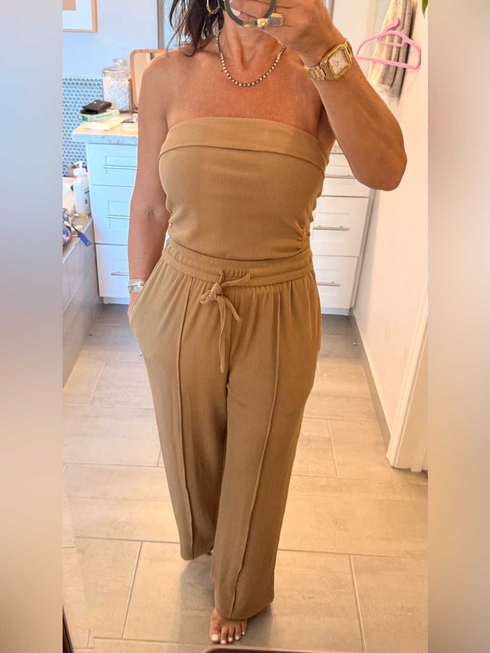 Two piece strapless top and Wide-Leg pants in Camel